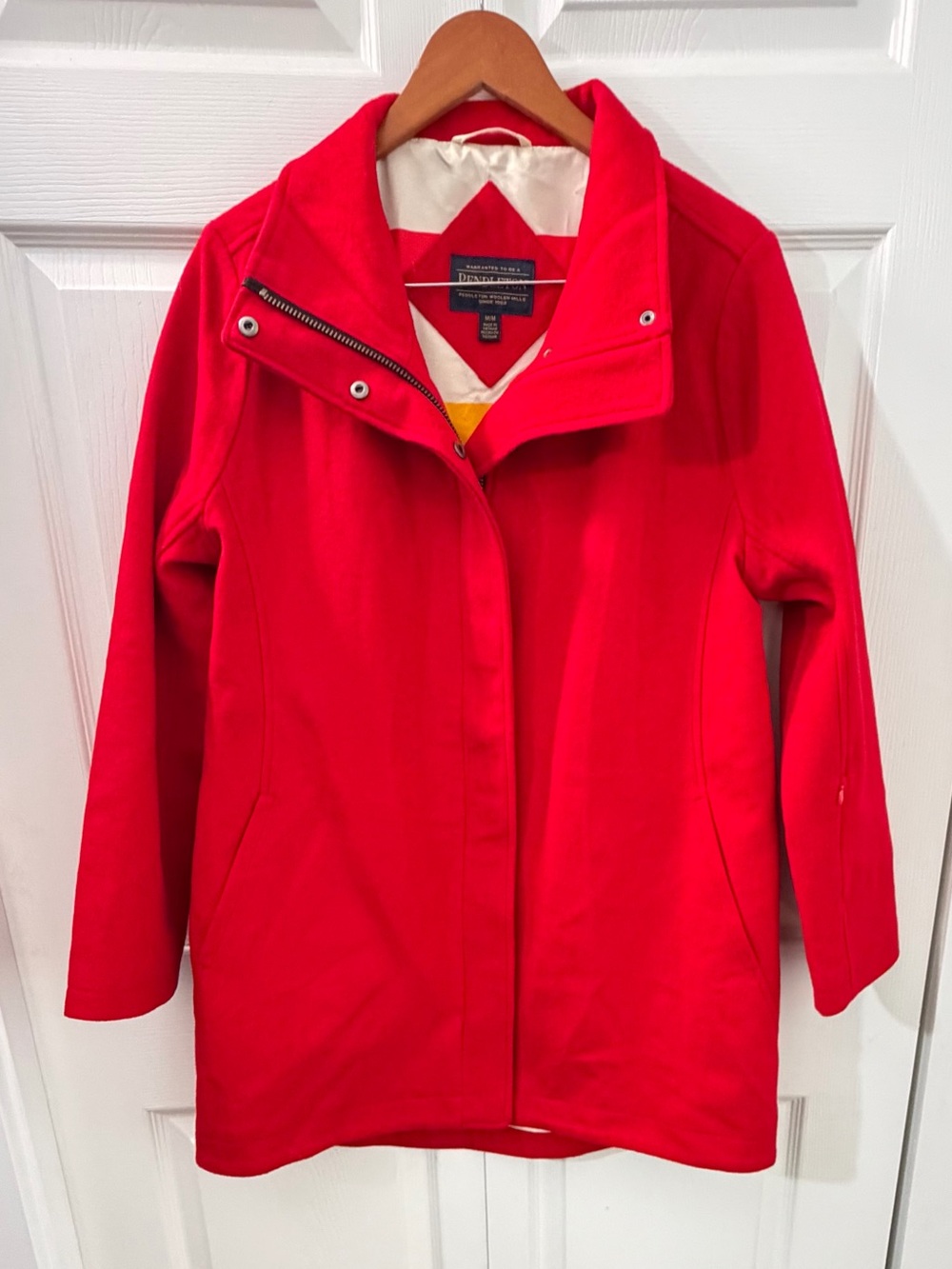 Pendleton Red Wool Blend Glacier Stripe Lined Car Coat Asymmetrical Zip Jacket M